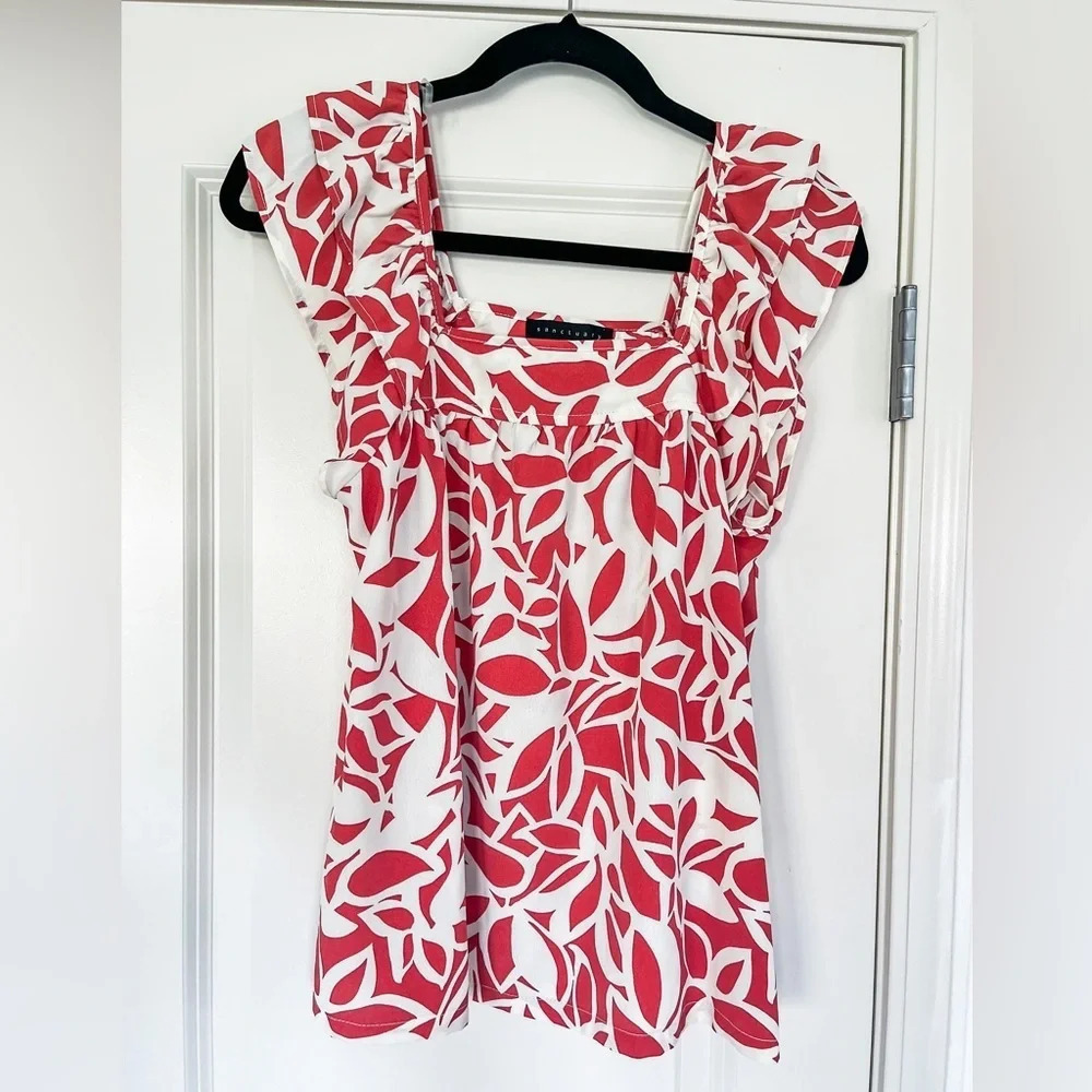 Evereve Sanctuary XS Ruffle Sleeve Tank Top Orange White Tropical Resortwear